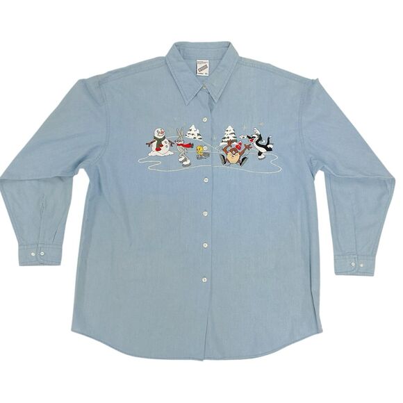 Vtg 1998 Warner Bros Studios Womens XL Embroidered Looney Tunes Christmas Shirt - Picture 1 of 7